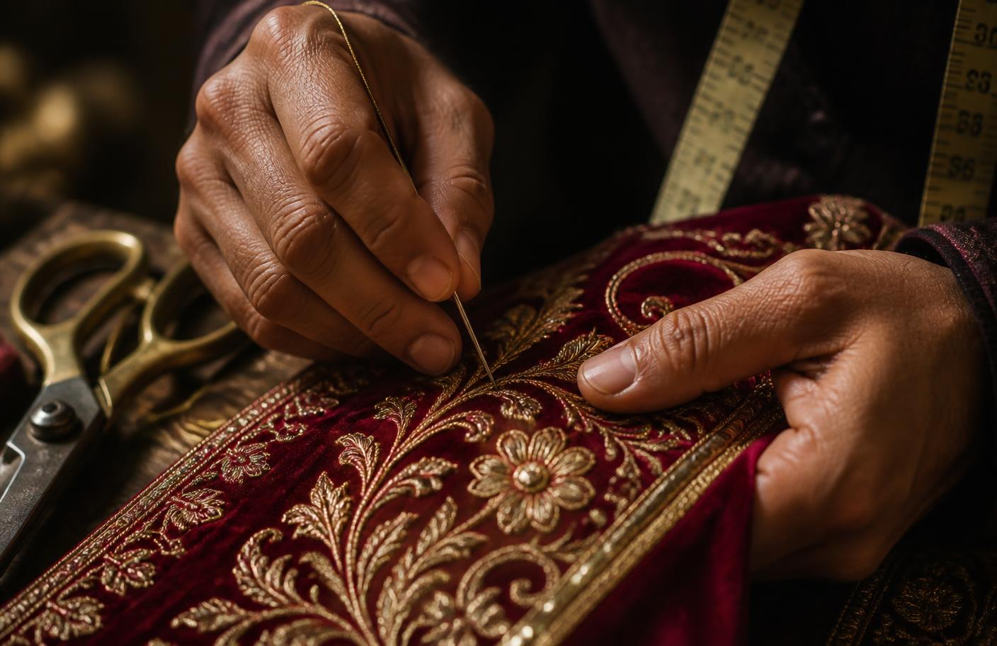 Tailor hand-stitching gold zari embroidery onto maroon choli fabric