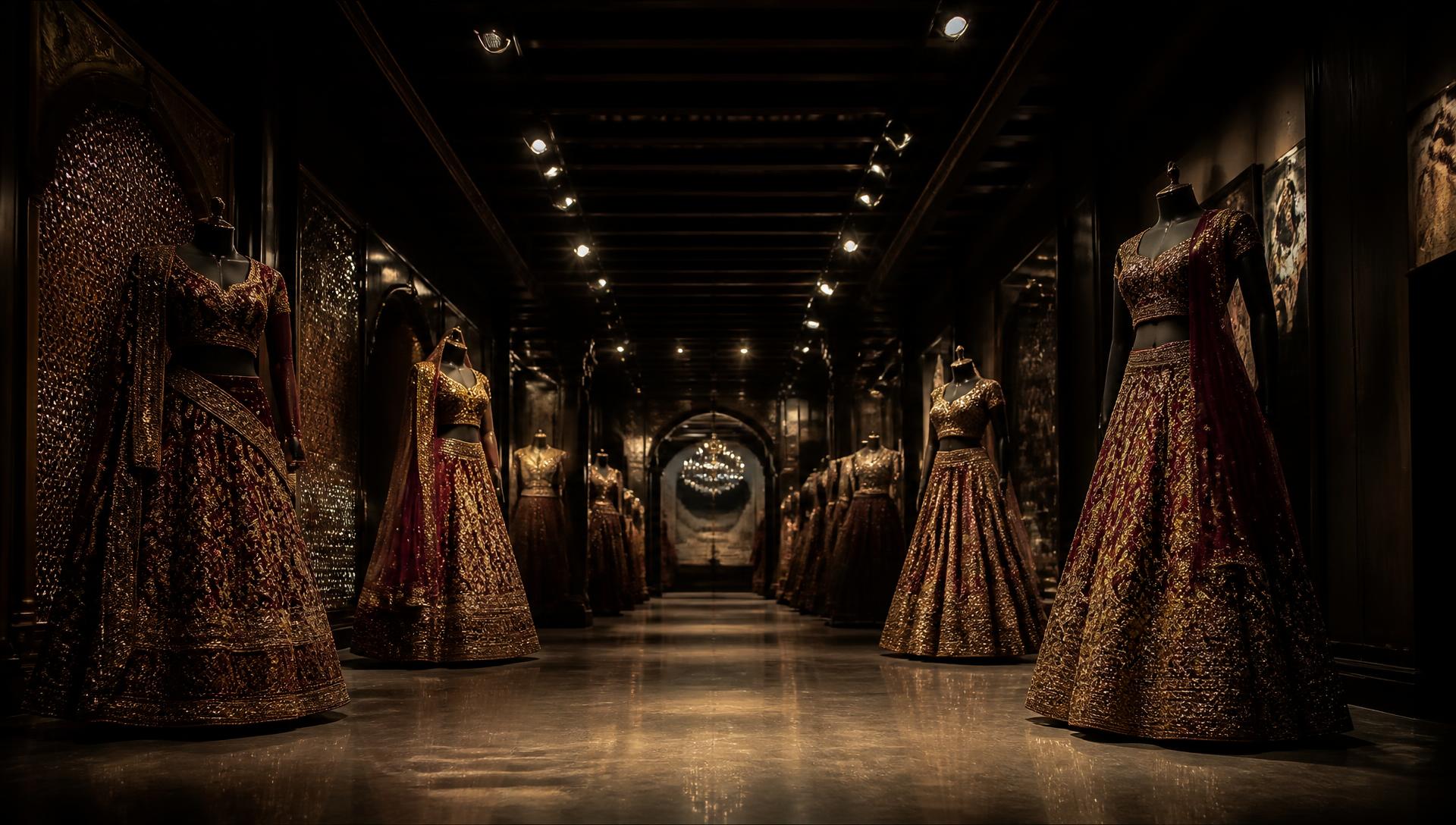 Dimly lit atelier showroom lined with embroidered ghaghra choli mannequins